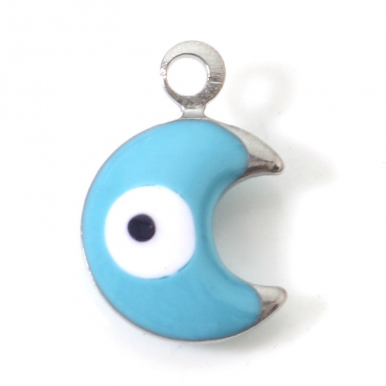 Picture of 304 Stainless Steel Religious Charms Silver Tone Blue Half Moon Evil Eye Double-sided Enamelled Sequins 11mm x 7mm, 10 PCs