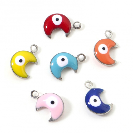 Picture of 304 Stainless Steel Religious Charms Silver Tone At Random Mixed Color Half Moon Evil Eye Double-sided Enamelled Sequins 11mm x 7mm, 10 PCs