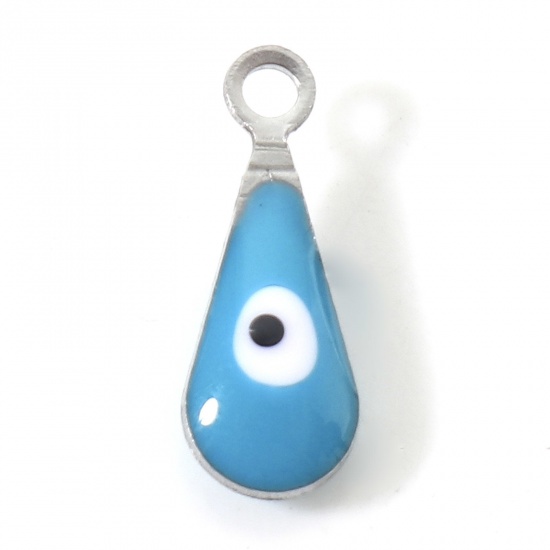 Picture of 304 Stainless Steel Charms Silver Tone Blue Drop Evil Eye Double-sided Enamelled Sequins 12mm x 5mm, 10 PCs