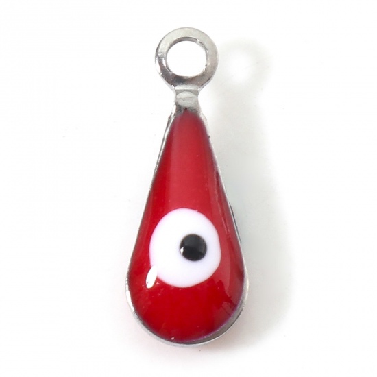 Picture of 304 Stainless Steel Charms Silver Tone Red Drop Evil Eye Double-sided Enamelled Sequins 12mm x 5mm, 10 PCs