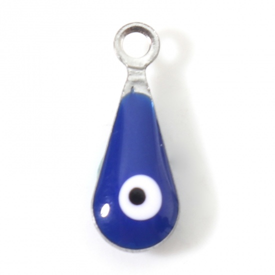 Picture of 304 Stainless Steel Charms Silver Tone Dark Blue Drop Evil Eye Double-sided Enamelled Sequins 12mm x 5mm, 10 PCs