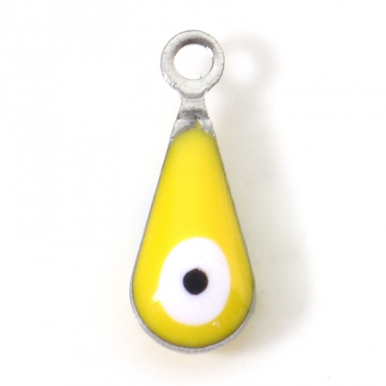 Picture of 304 Stainless Steel Charms Silver Tone Yellow Drop Evil Eye Double-sided Enamelled Sequins 12mm x 5mm, 10 PCs