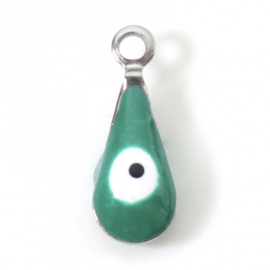 Picture of 304 Stainless Steel Charms Silver Tone Green Drop Evil Eye Double-sided Enamelled Sequins 12mm x 5mm, 10 PCs