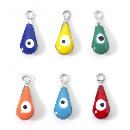 Picture of 304 Stainless Steel Charms Silver Tone At Random Mixed Color Drop Evil Eye Double-sided Enamelled Sequins 12mm x 5mm, 10 PCs