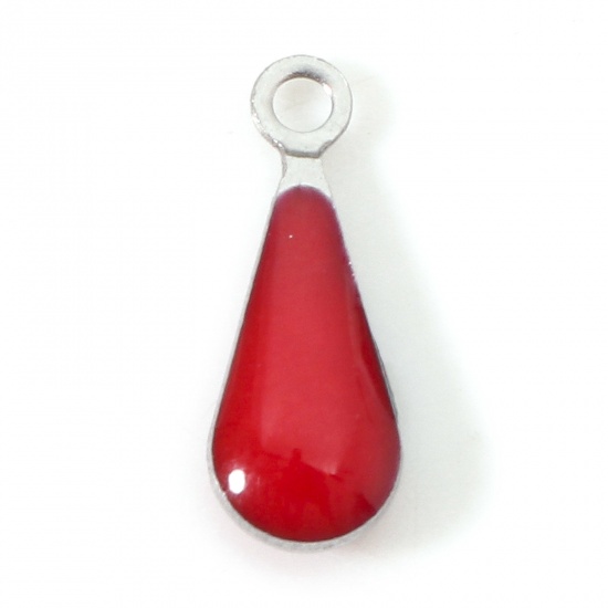 Image de Breloques en 304 Acier Inoxydable Goutte d'Eau Argent Mat Rouge Sequins Emaillés Double Face 12mm x 5mm , 10 Pcs