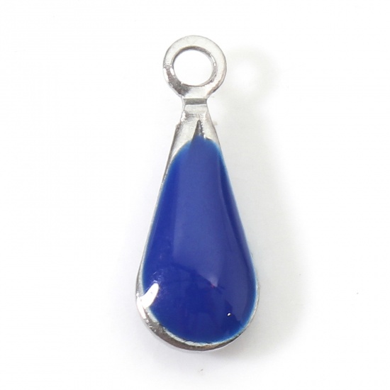 Image de Breloques en 304 Acier Inoxydable Goutte d'Eau Argent Mat Bleu Foncé Sequins Emaillés Double Face 12mm x 5mm , 10 Pcs