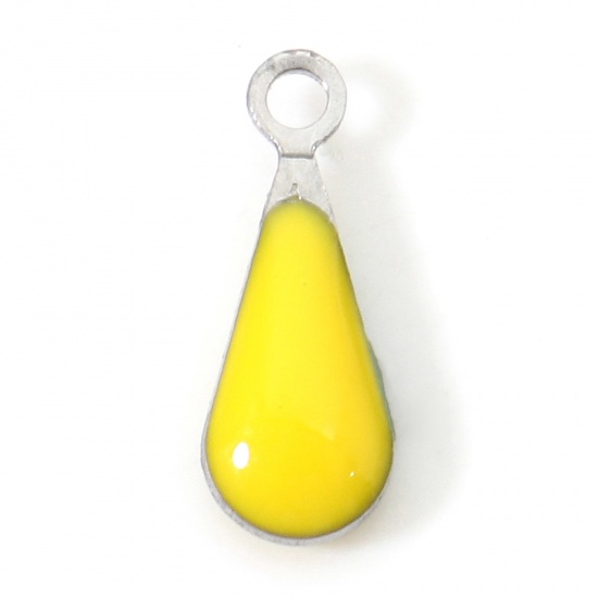 Image de Breloques en 304 Acier Inoxydable Goutte d'Eau Argent Mat Jaune Sequins Emaillés Double Face 12mm x 5mm , 10 Pcs