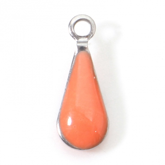 Image de Breloques en 304 Acier Inoxydable Goutte d'Eau Argent Mat Orange Sequins Emaillés Double Face 12mm x 5mm , 10 Pcs