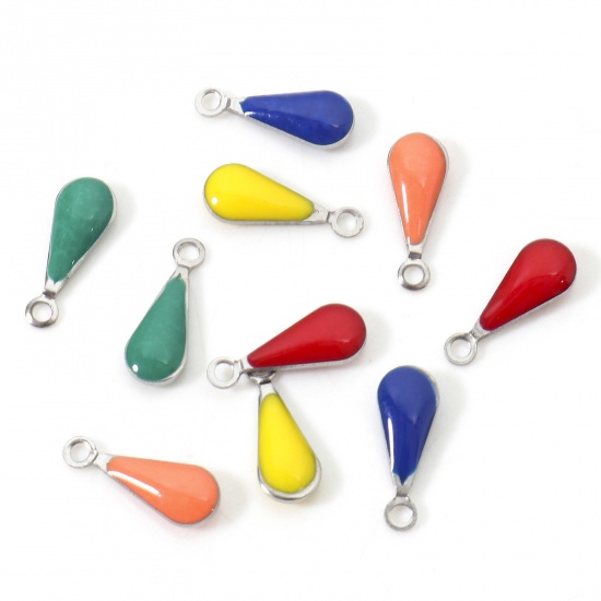 Image de Breloques en 304 Acier Inoxydable Goutte d'Eau Argent Mat Couleur Mélangée Au Hasard  Sequins Emaillés Double Face 12mm x 5mm , 10 Pcs