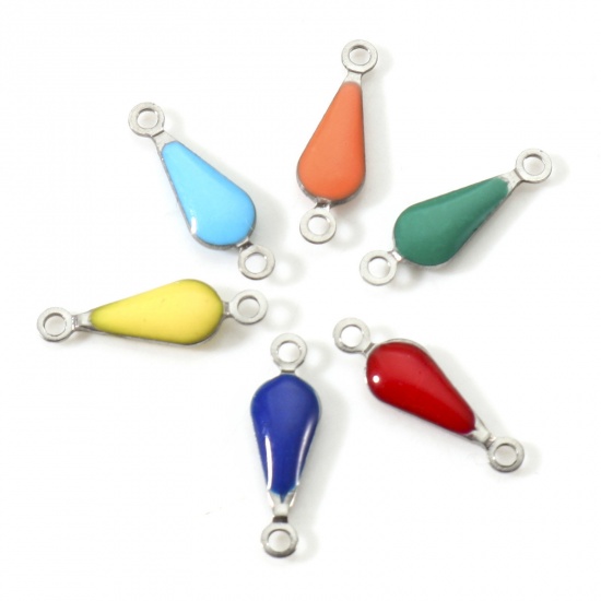 Picture of 304 Stainless Steel Connectors Charms Pendants Silver Tone At Random Mixed Color Drop Double-sided Enamelled Sequins 15mm x 5mm, 10 PCs