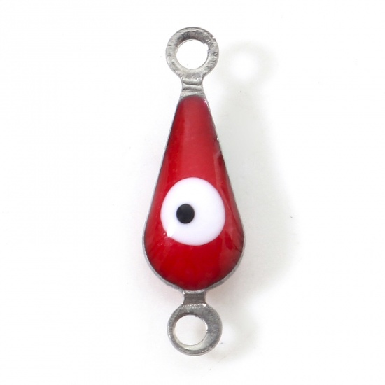 Picture of 304 Stainless Steel Religious Connectors Charms Pendants Silver Tone Red Drop Evil Eye Double-sided Enamelled Sequins 15mm x 5mm, 10 PCs