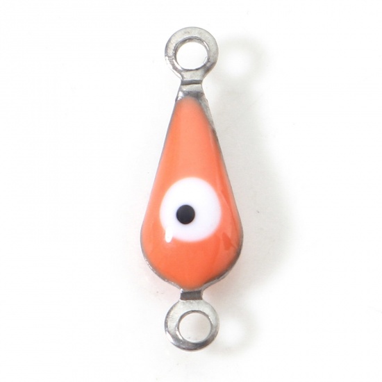 Picture of 304 Stainless Steel Religious Connectors Charms Pendants Silver Tone Orange Drop Evil Eye Double-sided Enamelled Sequins 15mm x 5mm, 10 PCs