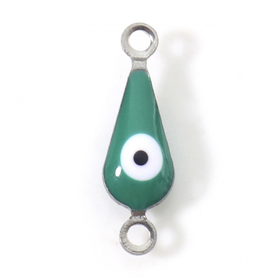 Picture of 304 Stainless Steel Religious Connectors Charms Pendants Silver Tone Green Drop Evil Eye Double-sided Enamelled Sequins 15mm x 5mm, 10 PCs