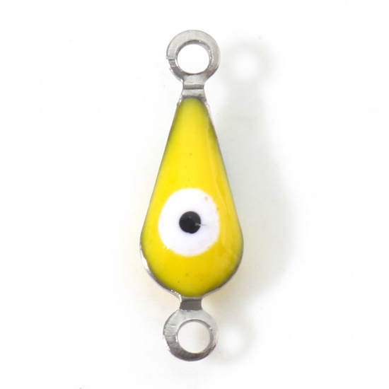Picture of 304 Stainless Steel Religious Connectors Charms Pendants Silver Tone Yellow Drop Evil Eye Double-sided Enamelled Sequins 15mm x 5mm, 10 PCs