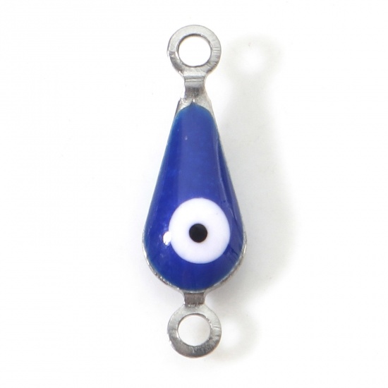 Picture of 304 Stainless Steel Religious Connectors Charms Pendants Silver Tone Dark Blue Drop Evil Eye Double-sided Enamelled Sequins 15mm x 5mm, 10 PCs