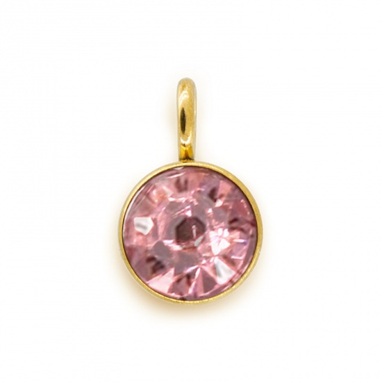 Picture of 304 Stainless Steel Birthstone Charms Gold Plated Light Pink Round 6mm x 9mm, 5 PCs