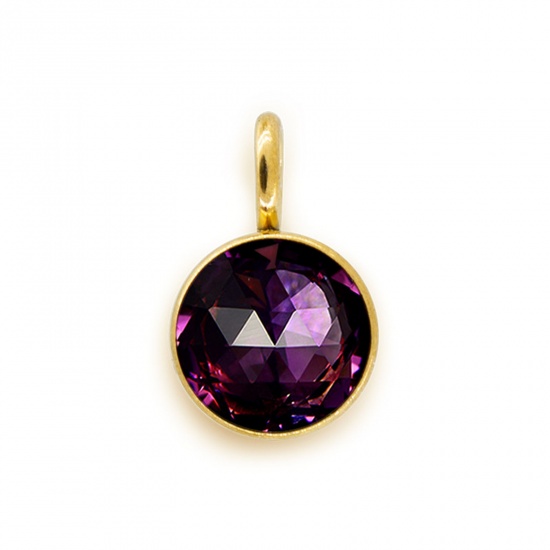 Picture of 304 Stainless Steel Birthstone Charms Gold Plated Dark Purple Round 6mm x 9mm, 5 PCs