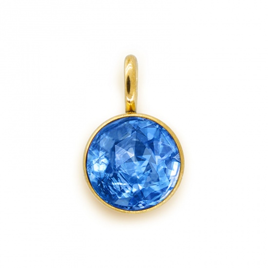 Picture of 304 Stainless Steel Birthstone Charms Gold Plated Skyblue Round 6mm x 9mm, 5 PCs