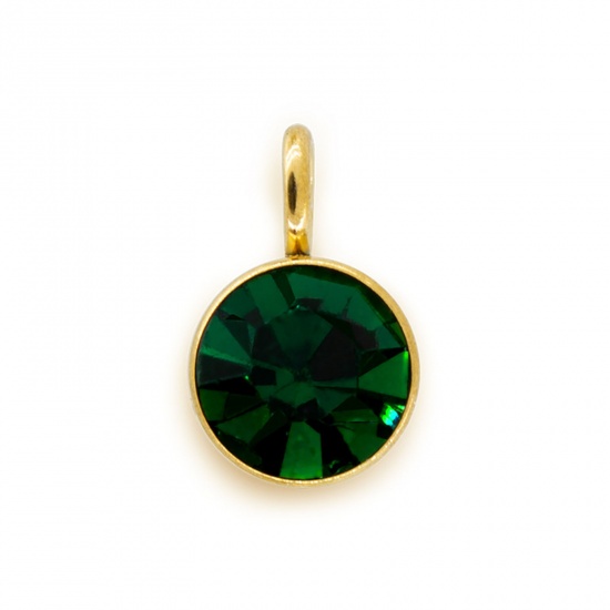 Picture of 304 Stainless Steel Birthstone Charms Gold Plated Dark Green Round 6mm x 9mm, 5 PCs