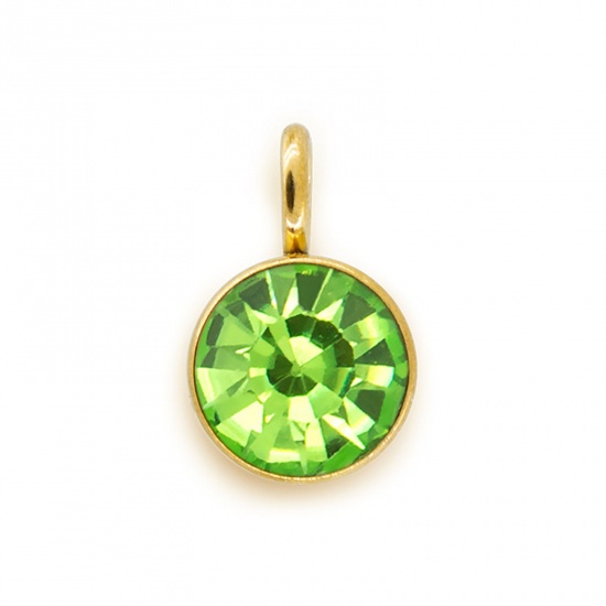 Picture of 304 Stainless Steel Birthstone Charms Gold Plated Light Green Round 6mm x 9mm, 5 PCs