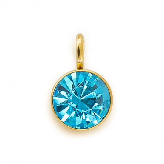 Picture of 304 Stainless Steel Birthstone Charms Gold Plated Aqua Blue Round 6mm x 9mm, 5 PCs