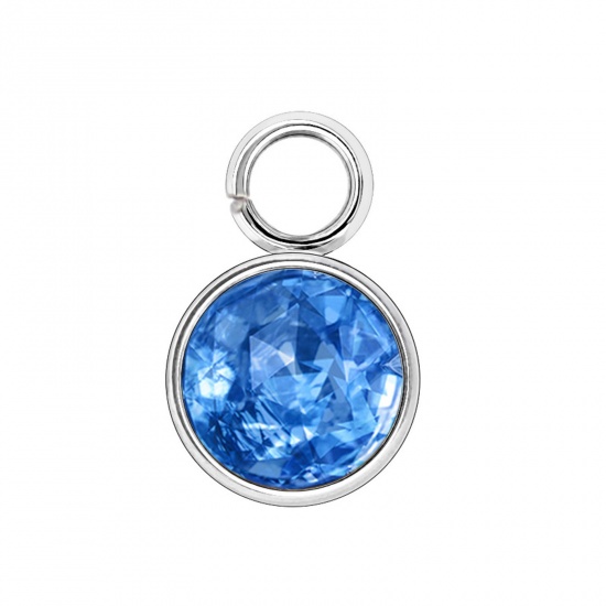 Immagine di 304 Acciaio Inossidabile Pietre Nascita Charms Tondo Tono Argento Azzurro 6mm x 9mm, 10 Pz