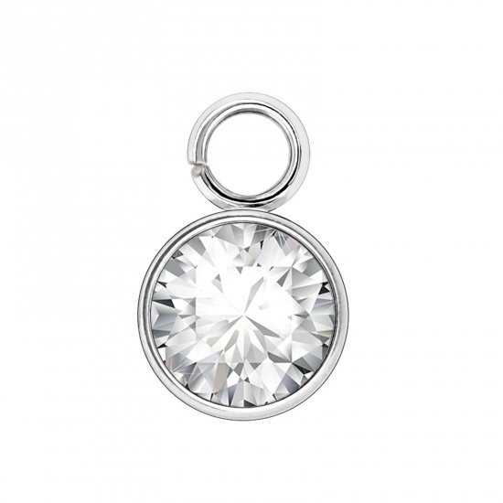 Immagine di 304 Acciaio Inossidabile Pietre Nascita Charms Tondo Tono Argento Trasparente 6mm x 9mm, 10 Pz