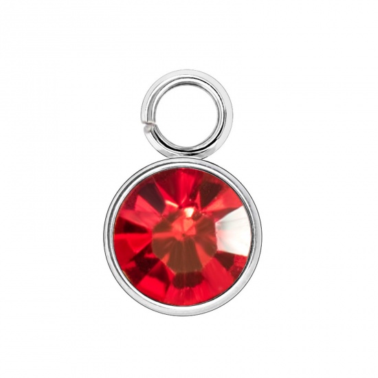 Immagine di 304 Acciaio Inossidabile Pietre Nascita Charms Tondo Tono Argento Rosso 6mm x 9mm, 10 Pz
