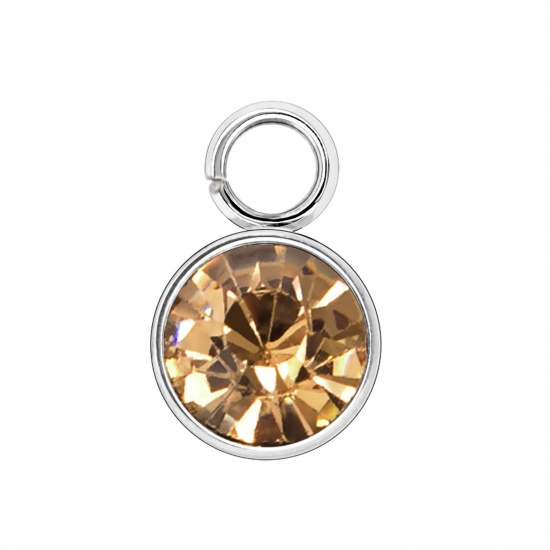 Immagine di 304 Acciaio Inossidabile Pietre Nascita Charms Tondo Tono Argento Giallo 6mm x 9mm, 10 Pz