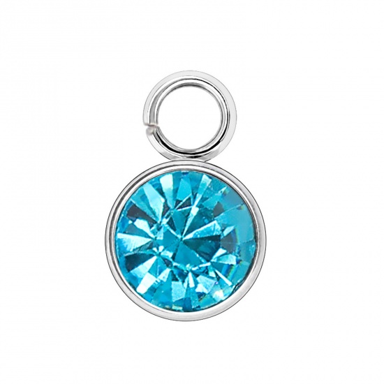 Immagine di 304 Acciaio Inossidabile Pietre Nascita Charms Tondo Tono Argento Acqua Blu 6mm x 9mm, 10 Pz