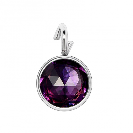 Picture of 304 Stainless Steel Birthstone Charms Silver Tone Dark Purple Round 6mm x 9mm, 10 PCs