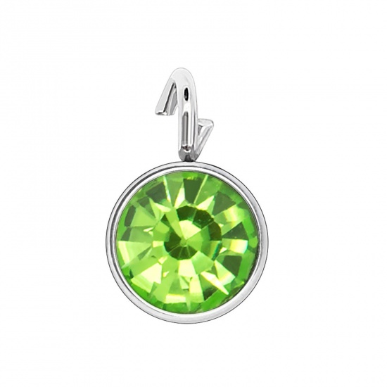 Picture of 304 Stainless Steel Birthstone Charms Silver Tone Light Green Round 6mm x 9mm, 10 PCs