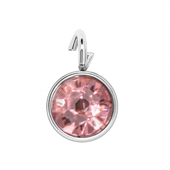 Picture of 304 Stainless Steel Birthstone Charms Silver Tone Light Pink Round 6mm x 9mm, 10 PCs