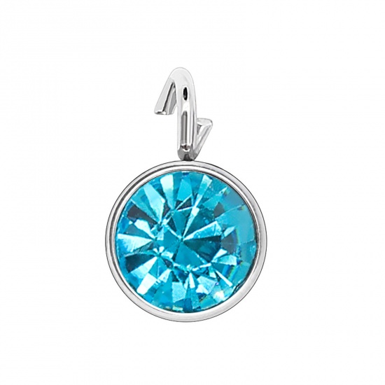 Picture of 304 Stainless Steel Birthstone Charms Silver Tone Aqua Blue Round 6mm x 9mm, 10 PCs