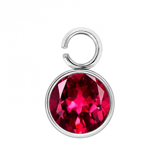 Picture of 304 Stainless Steel Birthstone Charms Silver Tone Dark Red Round 6mm x 9mm, 10 PCs