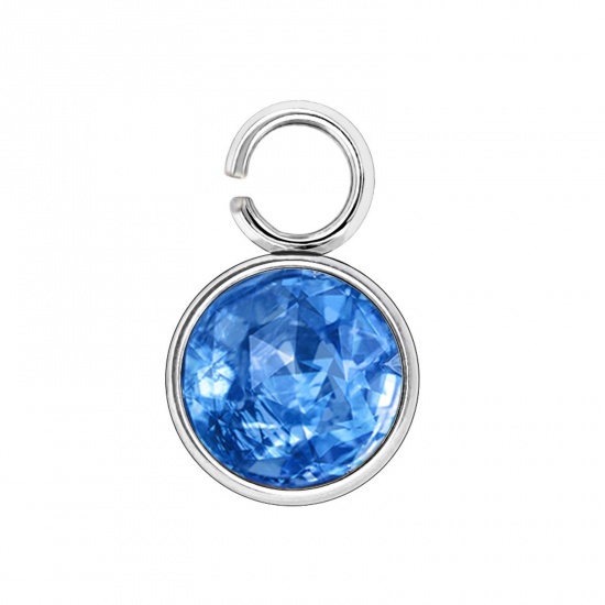 Picture of 304 Stainless Steel Birthstone Charms Silver Tone Skyblue Round 6mm x 9mm, 10 PCs