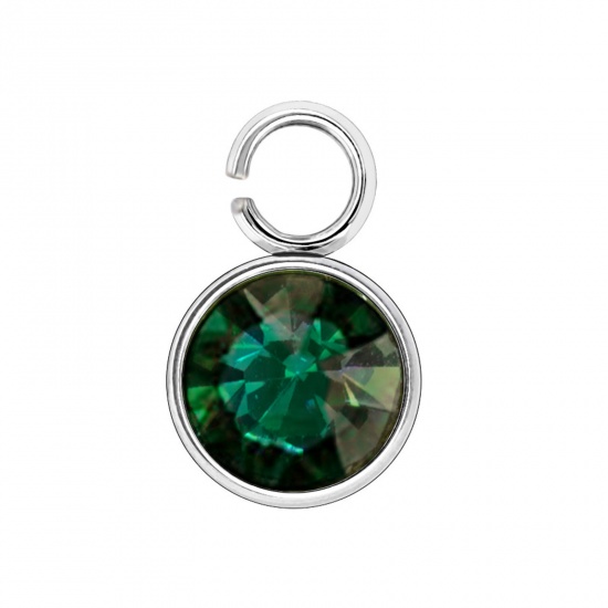 Picture of 304 Stainless Steel Birthstone Charms Silver Tone Dark Green Round 6mm x 9mm, 10 PCs