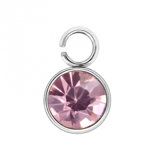 Picture of 304 Stainless Steel Birthstone Charms Silver Tone Mauve Round 6mm x 9mm, 10 PCs