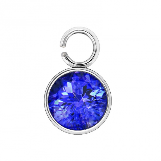 Picture of 304 Stainless Steel Birthstone Charms Silver Tone Royal Blue Round 6mm x 9mm, 10 PCs