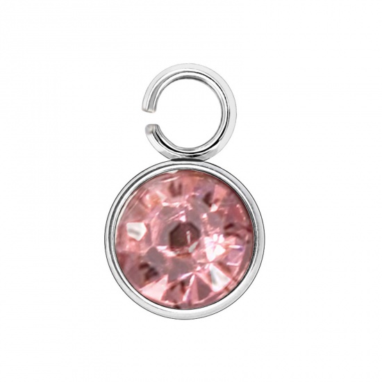 Picture of 304 Stainless Steel Birthstone Charms Silver Tone Light Pink Round 6mm x 9mm, 10 PCs