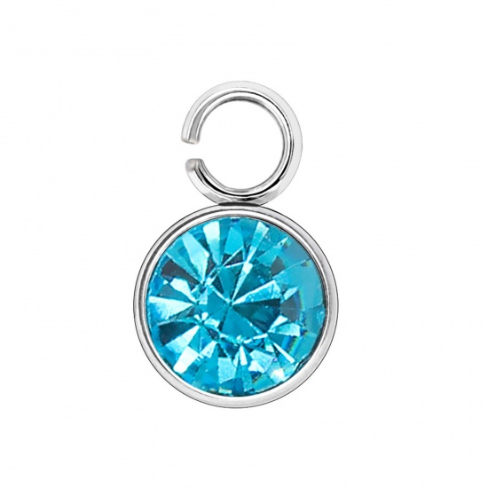 Picture of 304 Stainless Steel Birthstone Charms Silver Tone Aqua Blue Round 6mm x 9mm, 10 PCs