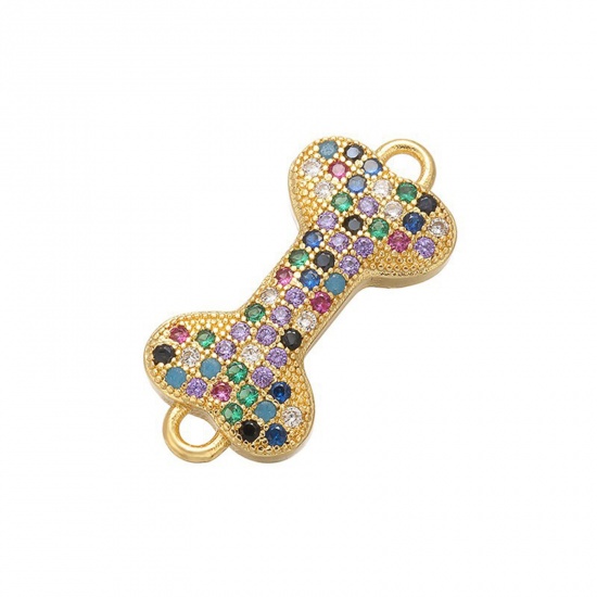 Picture of Brass Pet Memorial Connectors Charms Pendants Gold Plated Bone Micro Pave Multicolor Rhinestone 18mm x 9mm, 1 Piece                                                                                                                                           
