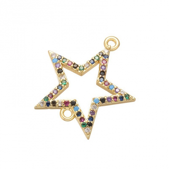 Picture of Brass Galaxy Connectors Charms Pendants Gold Plated Pentagram Star Micro Pave Multicolor Rhinestone 21mm x 20mm, 1 Piece                                                                                                                                      