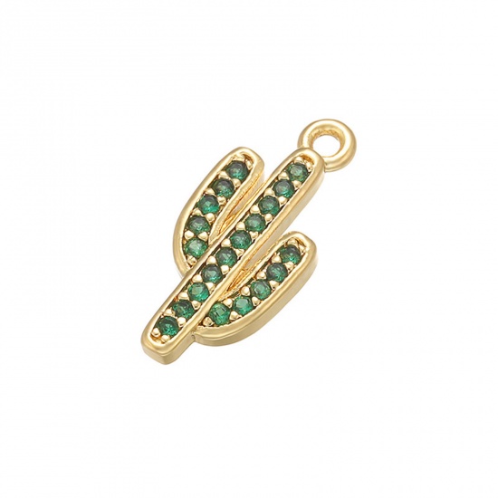 Imagen de 1 Unidad Latón Colgantes Cactus Chapado en Oro de 18K Verde Rhinestone 17mm x 8mm