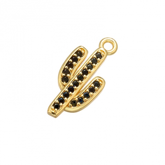 Imagen de 1 Unidad Latón Colgantes Cactus Chapado en Oro de 18K Negro Rhinestone 17mm x 8mm