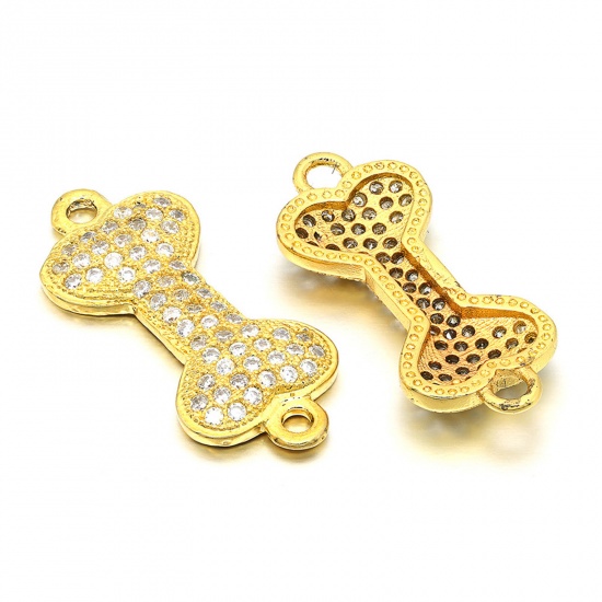 Picture of Brass Pet Memorial Connectors Charms Pendants Gold Plated Bone Micro Pave Clear Rhinestone 20mm x 9mm, 1 Piece                                                                                                                                                