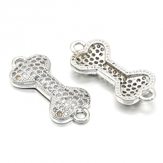 Picture of Brass Pet Memorial Connectors Charms Pendants Silver Tone Bone Micro Pave Clear Rhinestone 20mm x 9mm, 1 Piece                                                                                                                                                