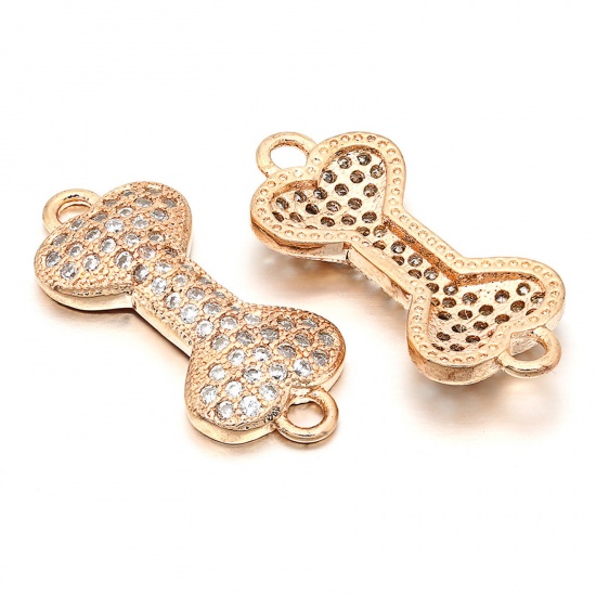 Picture of Brass Pet Memorial Connectors Charms Pendants Rose Gold Bone Micro Pave Clear Rhinestone 20mm x 9mm, 1 Piece                                                                                                                                                  