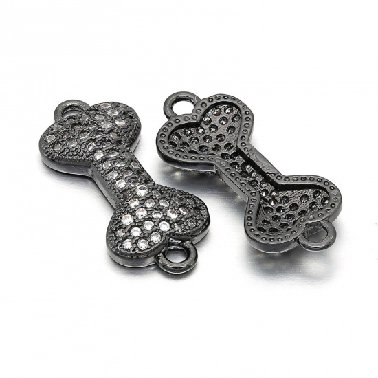 Picture of Brass Pet Memorial Connectors Charms Pendants Gunmetal Bone Micro Pave Clear Rhinestone 20mm x 9mm, 1 Piece                                                                                                                                                   