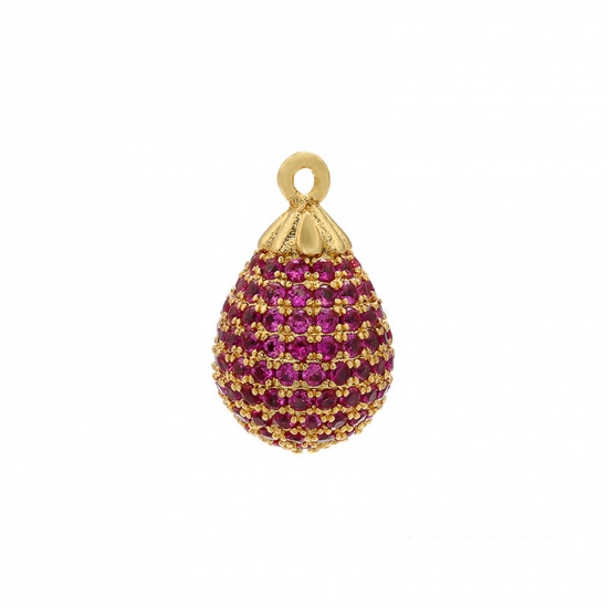 Picture of Brass Micro Pave Charms Gold Plated Drop 3D Fuchsia Rhinestone 17mm x 10mm, 1 Piece                                                                                                                                                                           